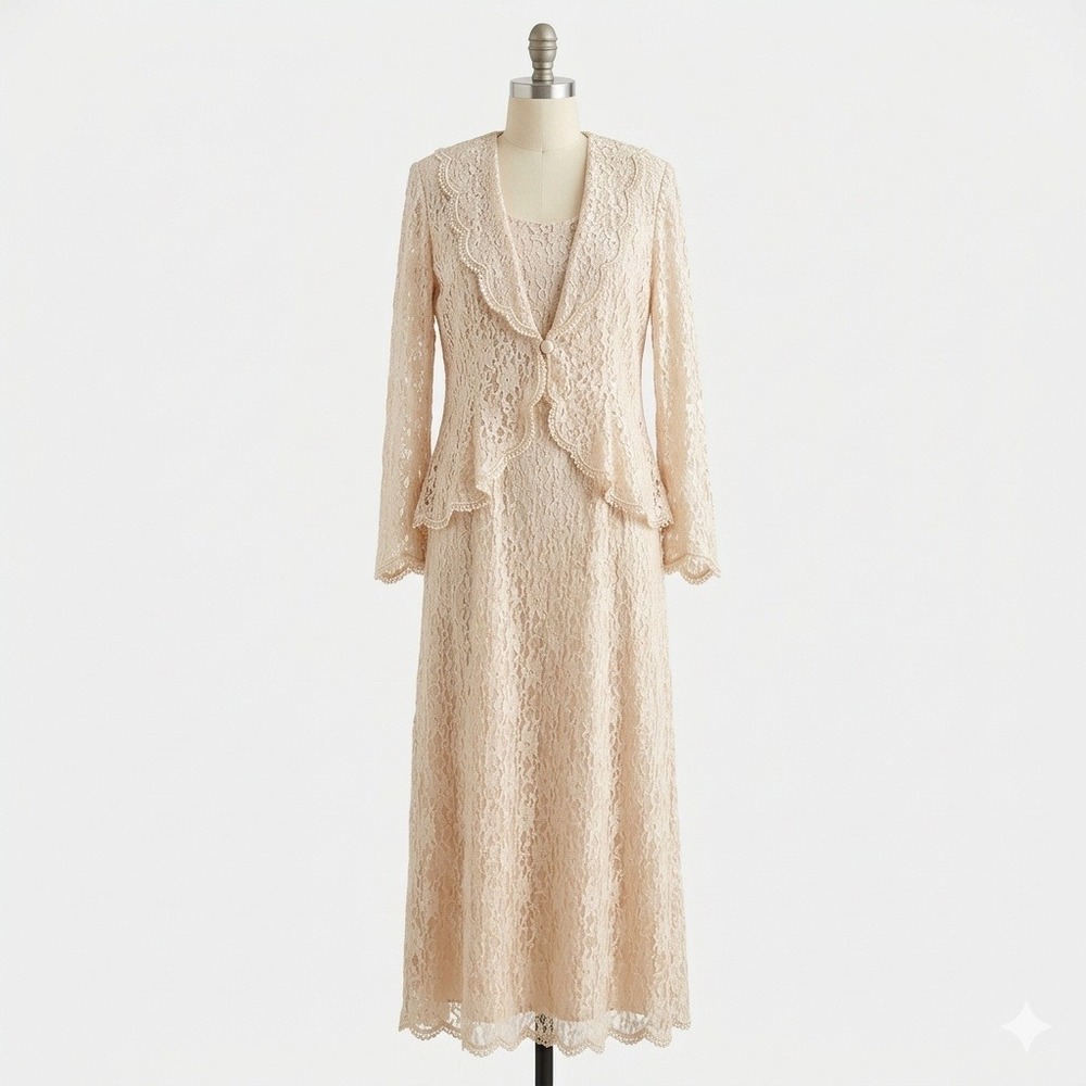 Vintage Lace Maxi Dress and Jacket Set Champagne Floral Formal 2 Piece, Sz 12